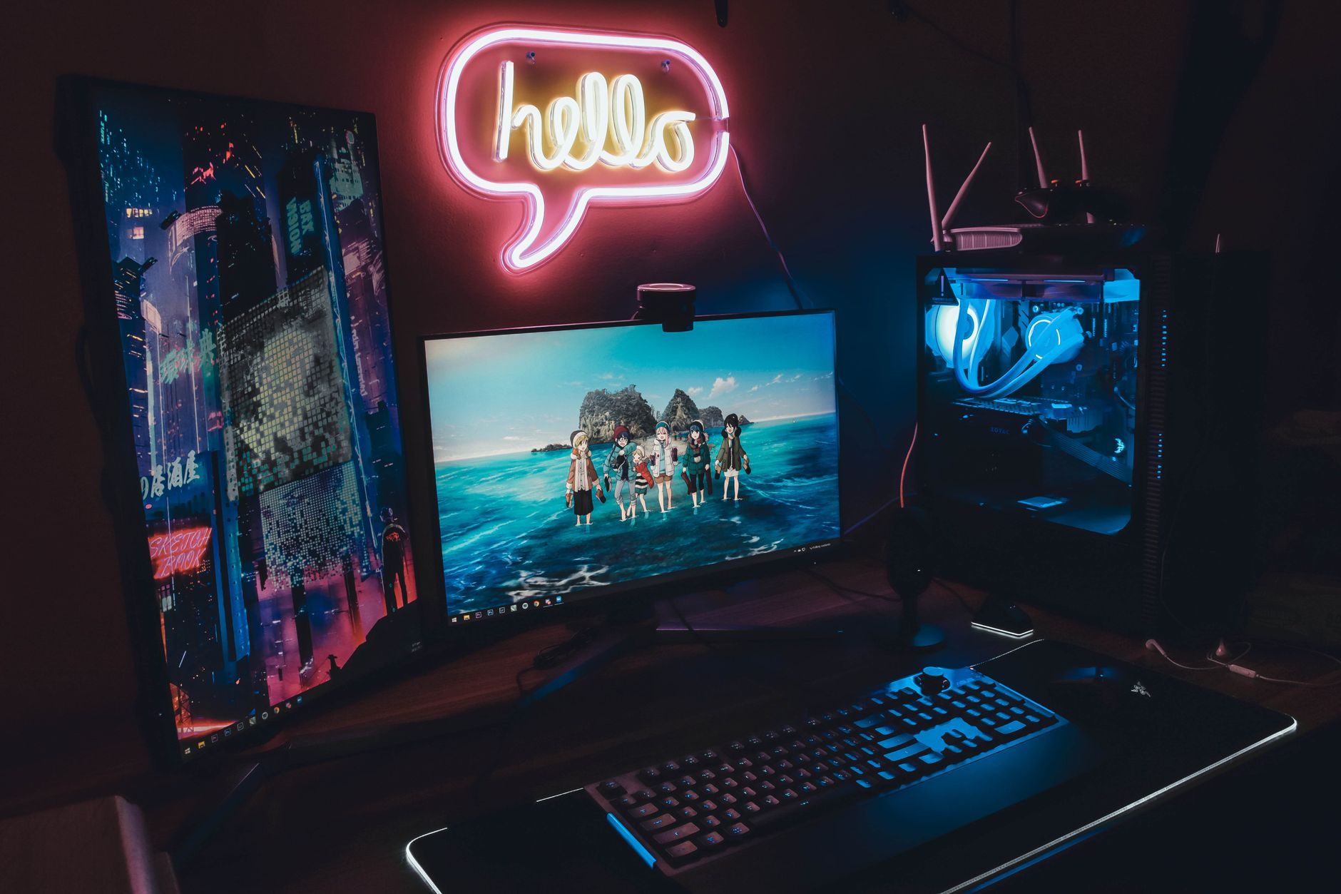 Setup gaming moderne avec lumières néon